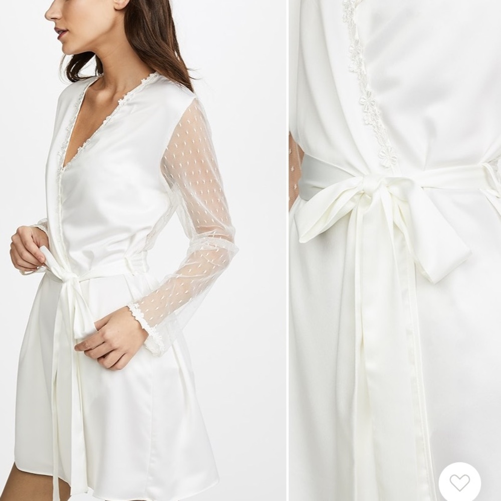 Flora Nikrooz White Charmeuse Wrap Robe with Sheer Dotted Sleeves - Picture 3 of 5